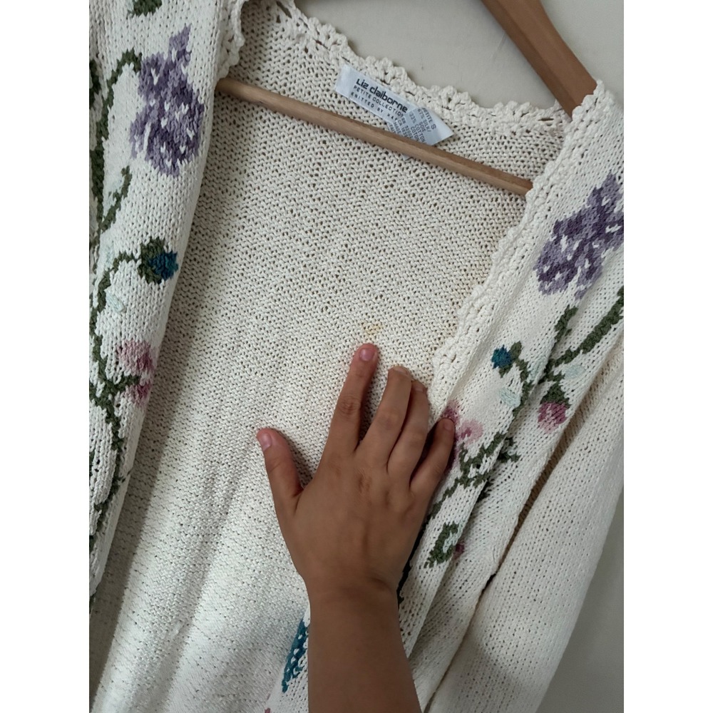 Liz Claiborne Vintage Floral Silk Cotton Cardigan Petite S Cottagecore Cream - Picture 3 of 9